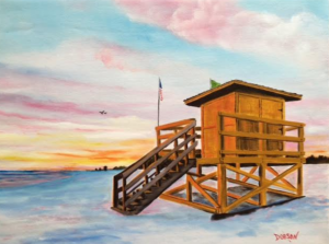 "Yellow Lifeguard Stand At Sunset" #148016 BUY $350 18"h x 24"w - FREE shipping lower US 48 & Canada