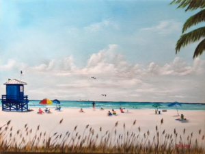 "Meeting At The Blue Lifeguard Stand" #148116 BUY $350 18"h x 24"w - FREE shipping lower US 48 & Canada