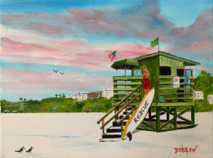Scooter At The Beach And The Magical Green Lifeguard Stand by Lloyd Dobson Artist