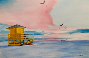 Yellow Lifeguard Stand At Sunrise by Lloyd Dobson Artist