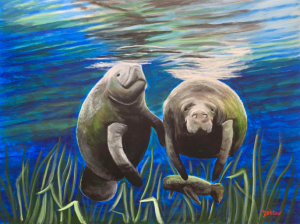 A Florida Manatee Family oil painting by Lloyd Dobson Artist