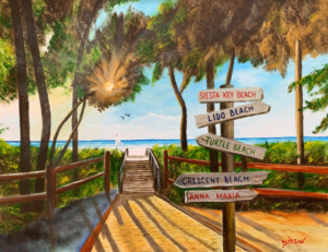 A beach sign showing several beaches near Siesta Key Beach