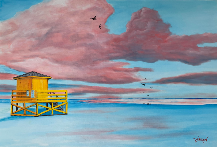 Oil painting of the yellow lifeguard stand on Siesta Key Beach at sunset by Lloyd Dobson Artist