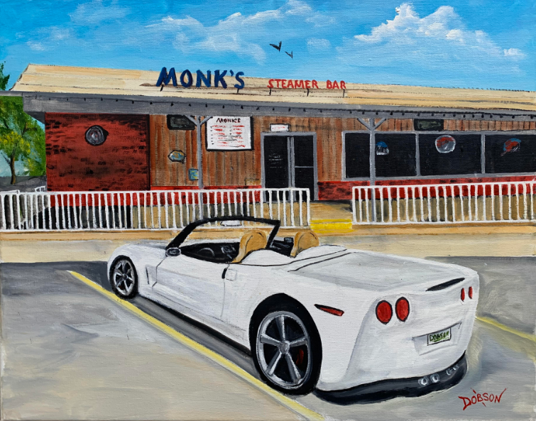 Original oil painting of Mon's Steamer Bar with a white Corvette parked in front by Lloyd Dobson Artist