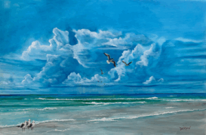 Oil painting of seagulls flying above the surf on Siesta Key Beach by Lloyd Dobson Artist