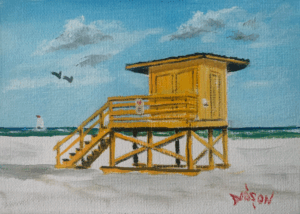 Yellow lifeguard stand located on Siesta Key Beach oil painting by Lloyd Dobson Artist