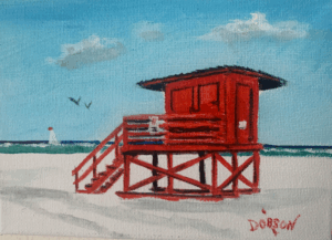 Red lifeguard stand on Siesta Key Beach oil painting by Lloyd Dobson Artist