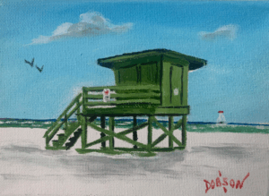 Green lifeguard stand located on Siesta Key Beach oil painting by Lloyd Dobson Artist