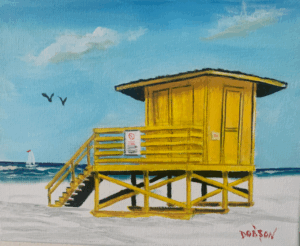 Siesta Key Florida Yellow Lifeguard Stand oil painting by Lloyd Dobson Artist