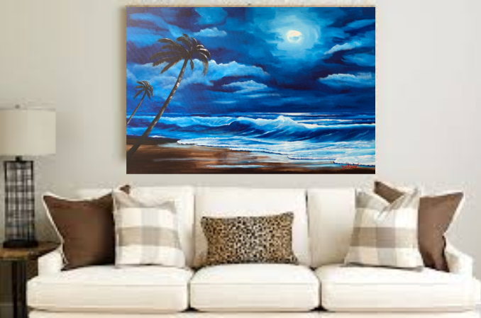 Moonlight In Paradise oil painting hanging above couch by Lloyd Dobson Artist