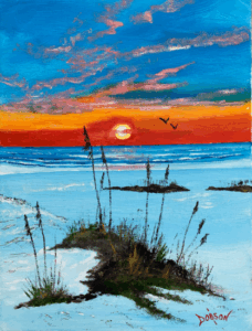 An oil painting titled "Paradise Sunset is 12"x16" on stretched canvas by Lloyd Dobson Artist