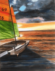 Original oil painting titled "My Catamaran At Sunset" by Lloyd Dobson Artist 