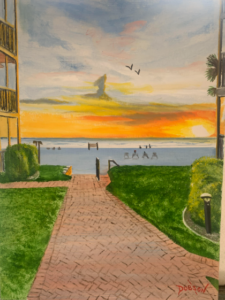 Our spot at Crescent Arms condos on Siesta Key oil painting with sunset by Lloyd Dobson Artist