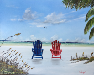 Oil painting titled "Our Beach Paradise" with blue skies, red and blue chairs sitting on the beach painted by Lloyd Dobson Artist