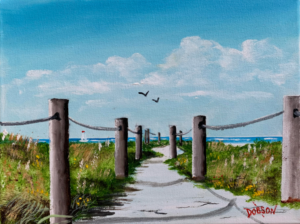 Siesta Key Public Beach path to the Gulf with posts and rope at side of path oil painting by Lloyd Dobson Artist