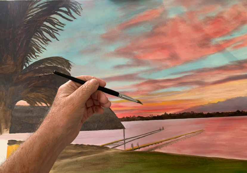 The beginning of creating an oil painting on canvas of Spanish Point Tiki Bar in Osprey Florida by Lloyd Dobson Artist
