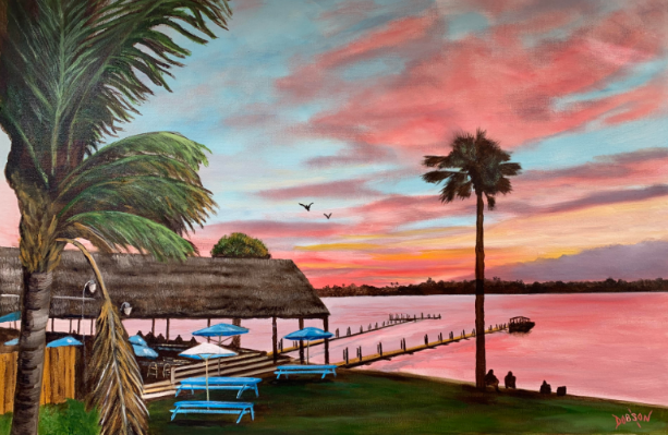Final painting of Spanish Point Tiki Bar in Osprey Florida by Lloyd Dobson Artist