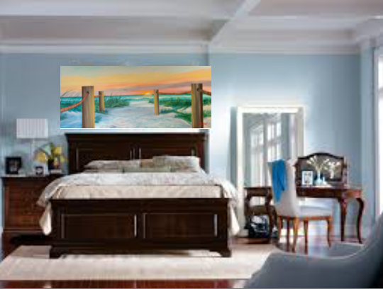 Commissioned oil painting hanging over bed in bedroom by Lloyd Dobson Artist