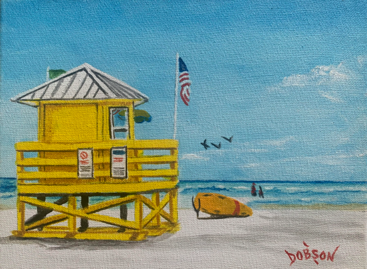 Oil painting of yellow lifeguard stand on Siesta Key Beach