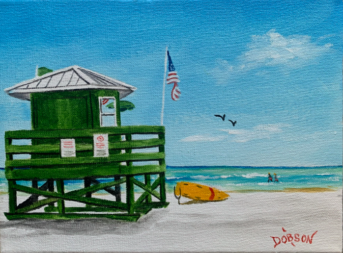 Green Lifeguard Stand oil painting by Lloyd Dobson Artist 
