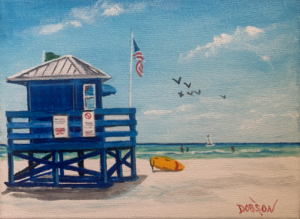 Oil painting of blue lifeguard stand on Siesta Key Beach