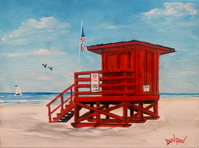 Siesta Key Beach red lifeguard stand oil painting by Lloyd Dobson Artist