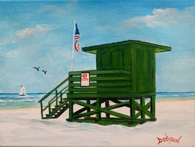 Siesta Key Beach green lifeguard stand oil painting by Lloyd Dobson Artist