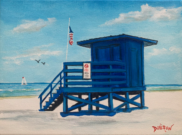 Siesta Key Beach blue lifeguars stand oil painting by Lloyd Dobson Artist