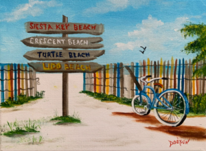 Oil painting titled "Our Beaches" with fence and signs by Lloyd Dobson Artist