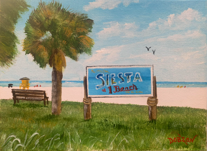 Siesta Key Beach sign with yellow lifeguard stand in the background oil painting by Lloyd Dobson Artist