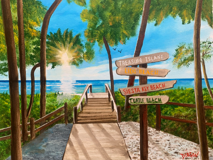 Oil painting titled "Morning Sunshine" by lloyd Dobson Artist conveys a bright sun shinning on a pathway to the beach