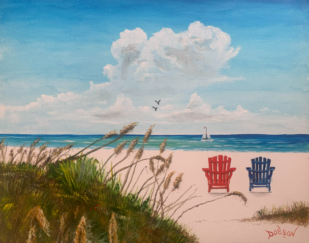 Oil painting titled "Siesta Key Our Spot" by Lloyd Dobson Artist