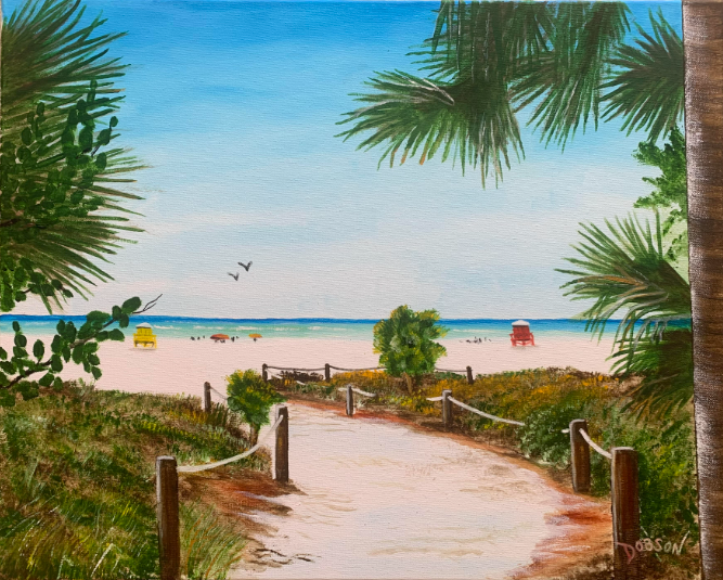 Oil painting of the Siesta Key Beach with the red and yellow lifeguard stands in the distance by Llobson Artist