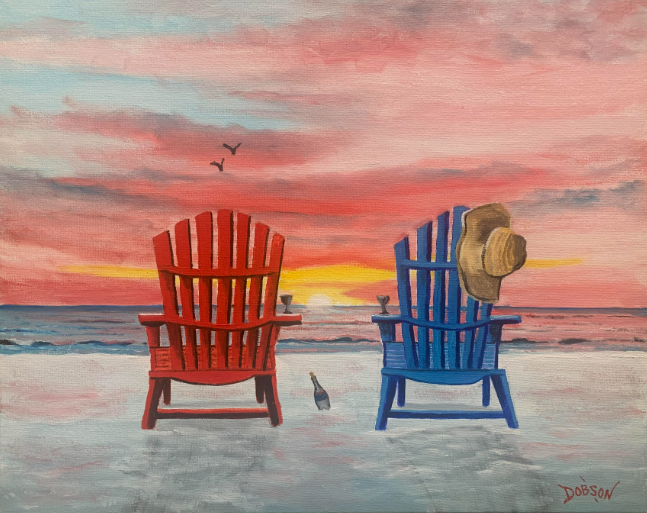 Oil painting titled "Our Spot" with two chairs facing a pink sunset by Lloyd Dobson Artist