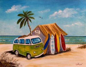 Volkswago in front of a beach surf shack painting by Lloyd Dobson Artist