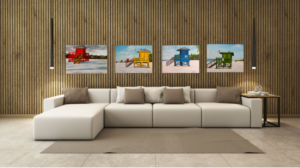 All four iconic colored Siesta Key Beach lifeguard stands oil paintings by lloyd Dobson Artist