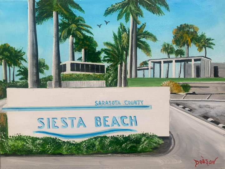 Original oil painting by Lloyd Dobson Artist titled "Siesta Key Beach" of a painting of the sign at the entrance to the public beach.