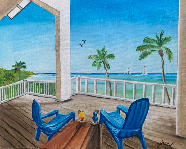 Oil painting with two chairs on a balcony over looking the Gulf titled: "We Are Living The Dream" by Lloyd Dobson Artist"