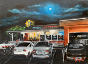 Oil painting titled "Monk's Steamer Bar At Night" by Lloyd Dobson Artist