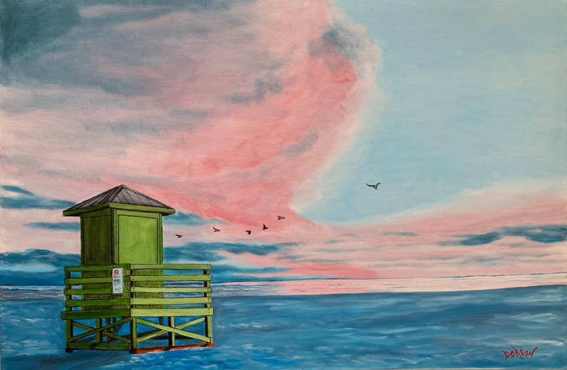 Green Siesta Key Lifeguard Stand oil painting at sunset by Lloyd Dobson Artist