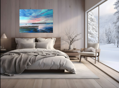 Bedroom with oil painting of Sunset Pier Tiki Bar in Key West Florida by Lloyd Dobson Artist