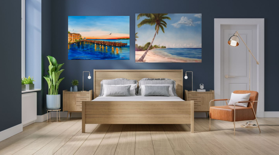 Bedroom with two oil paintings by Lloyd Dobson Artist