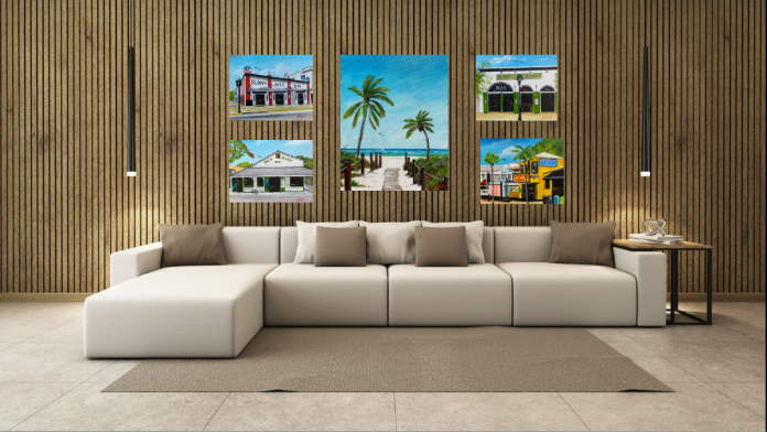 A livingroom gallery wall of Key West oil paintings by Lloyd Dobson Artist
