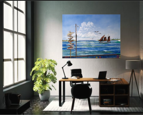 Office room with Key West painting hanging on the wall by Lloyd Dobson Artist