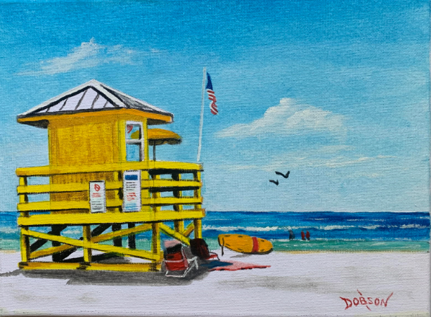 9"x12" oil painting of the Yelloe Lifeguard Stand on Siesta Key Beach by Lloyd Dobson Artist