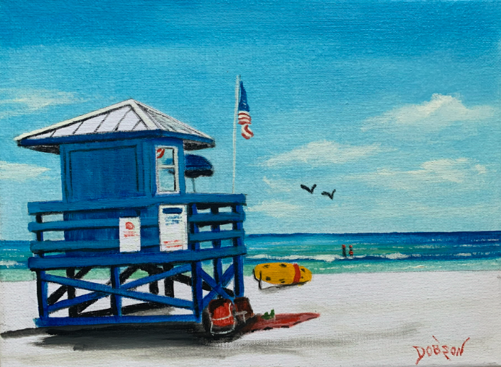 Siesta Key Beach oil painting of the Blue Lifeguard Stand by Lloyd Dobson Artist