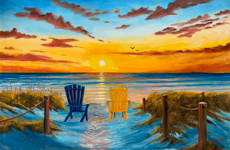 Oil painting of a blue and yellow Adriondack Chairs sitting on a beach path facing a vivid sunset painted by Lloyd Dobson Artist
