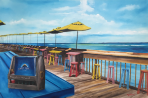 Original oil painting by Lloyd Dobson Artist titled "Key West Sunset Pier Tiki Bar"