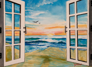 An ocean view oil painting looking through french doors by Lloyd Dobson Artist