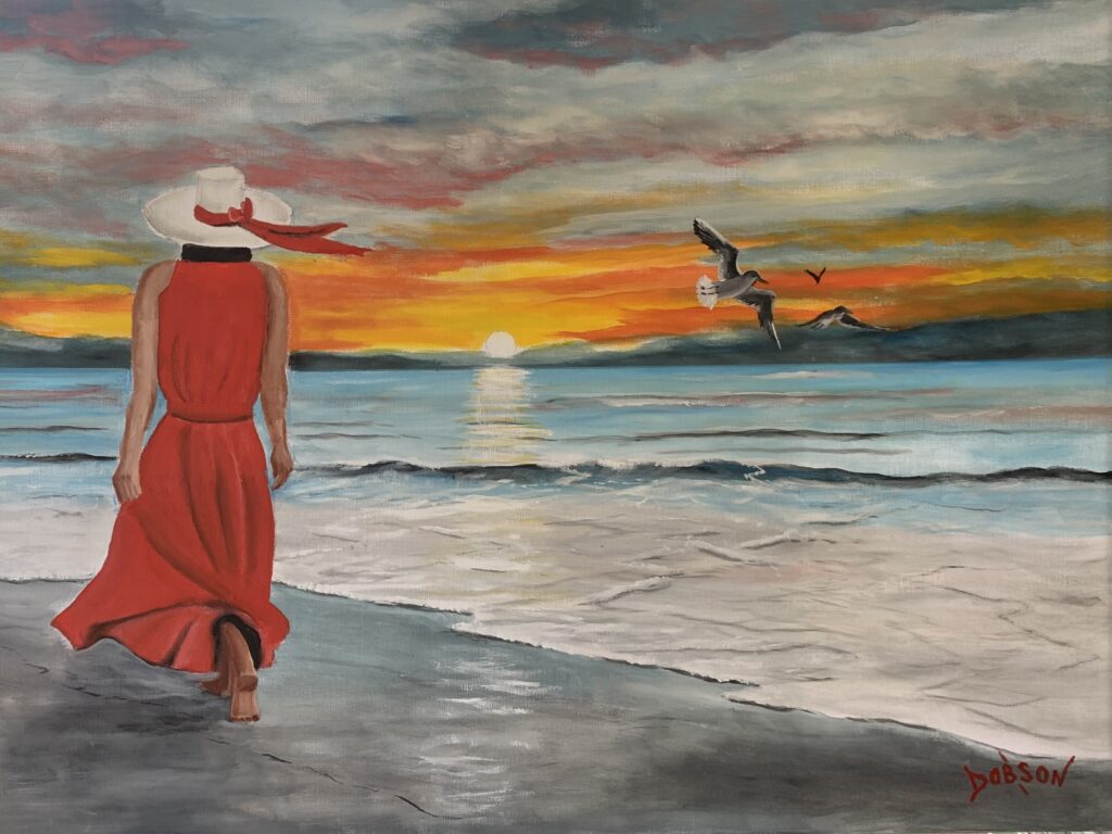 Oil painting of My Lady In Red walking along the beach in paradise by Lloyd Dobson Artist